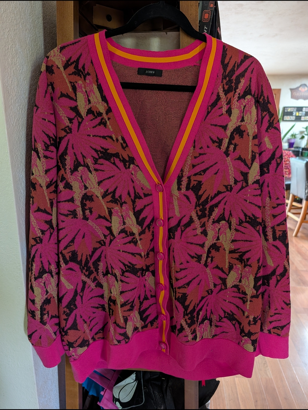 J. Crew Hot Pink Tropical Palm Print V-Neck Cardigan with Orange Trim EUC